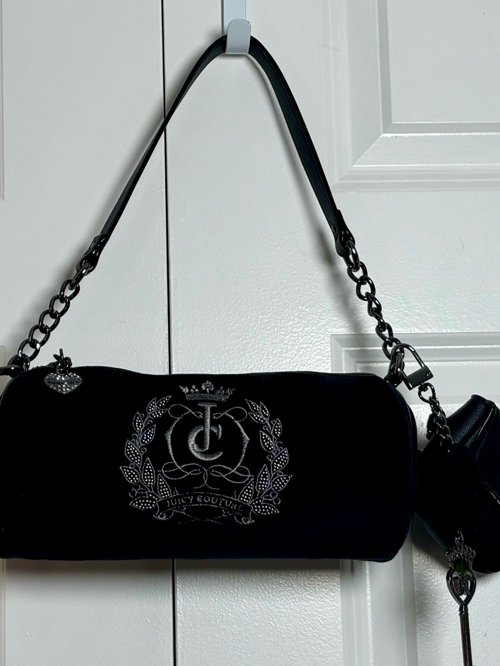 Juicy Couture Black Velour Royal Logo Black Barrel Satchel Handbag